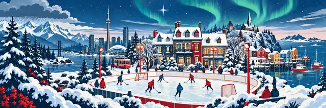An imagined Canadian winter: neighbours at an outdoor rink, coastal mountains, city streets and harbour houses beneath the North Star.