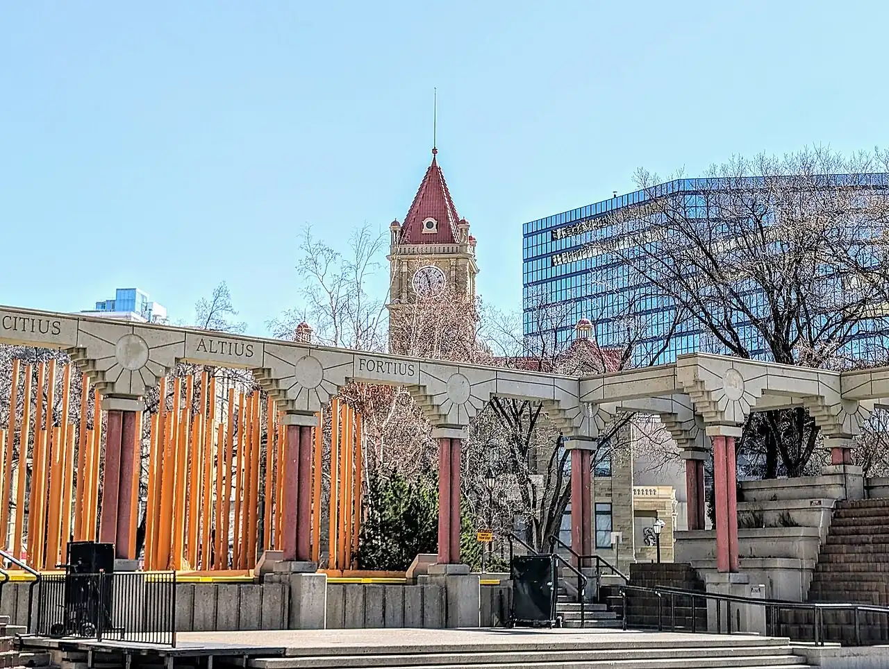 Olympic Plaza with the Calgary City Hall clock tower behind