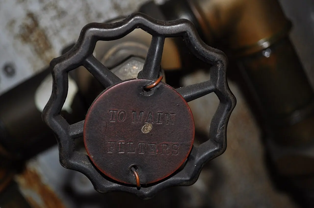 Valve wheel tagged to main filters at a water plant
