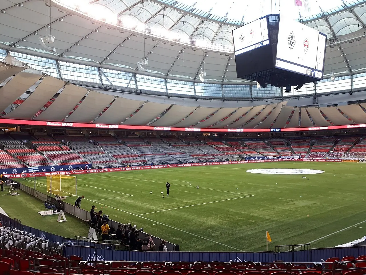 Players warming up before a soccer match at BC Place in Vancouver