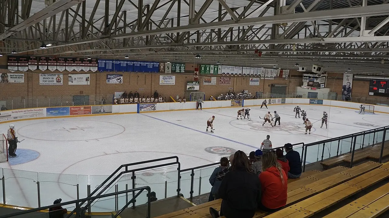 Minor hockey game seen from the stands of a small-town arena