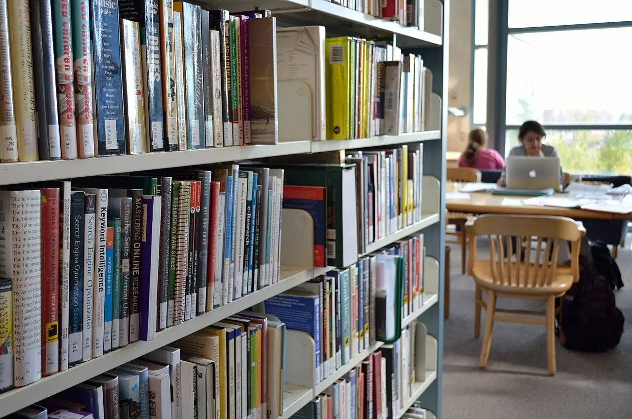 Library bookshelves beside a reading area
