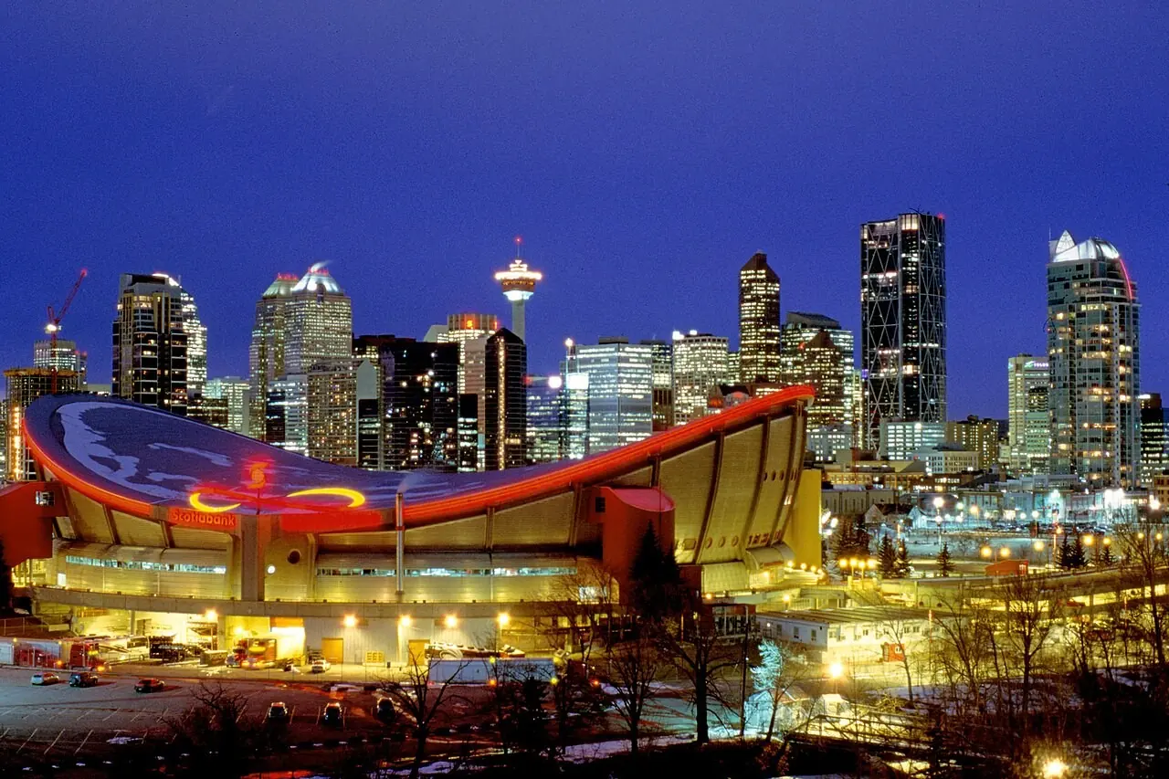Scotiabank Saddledome and the Calgary skyline at night