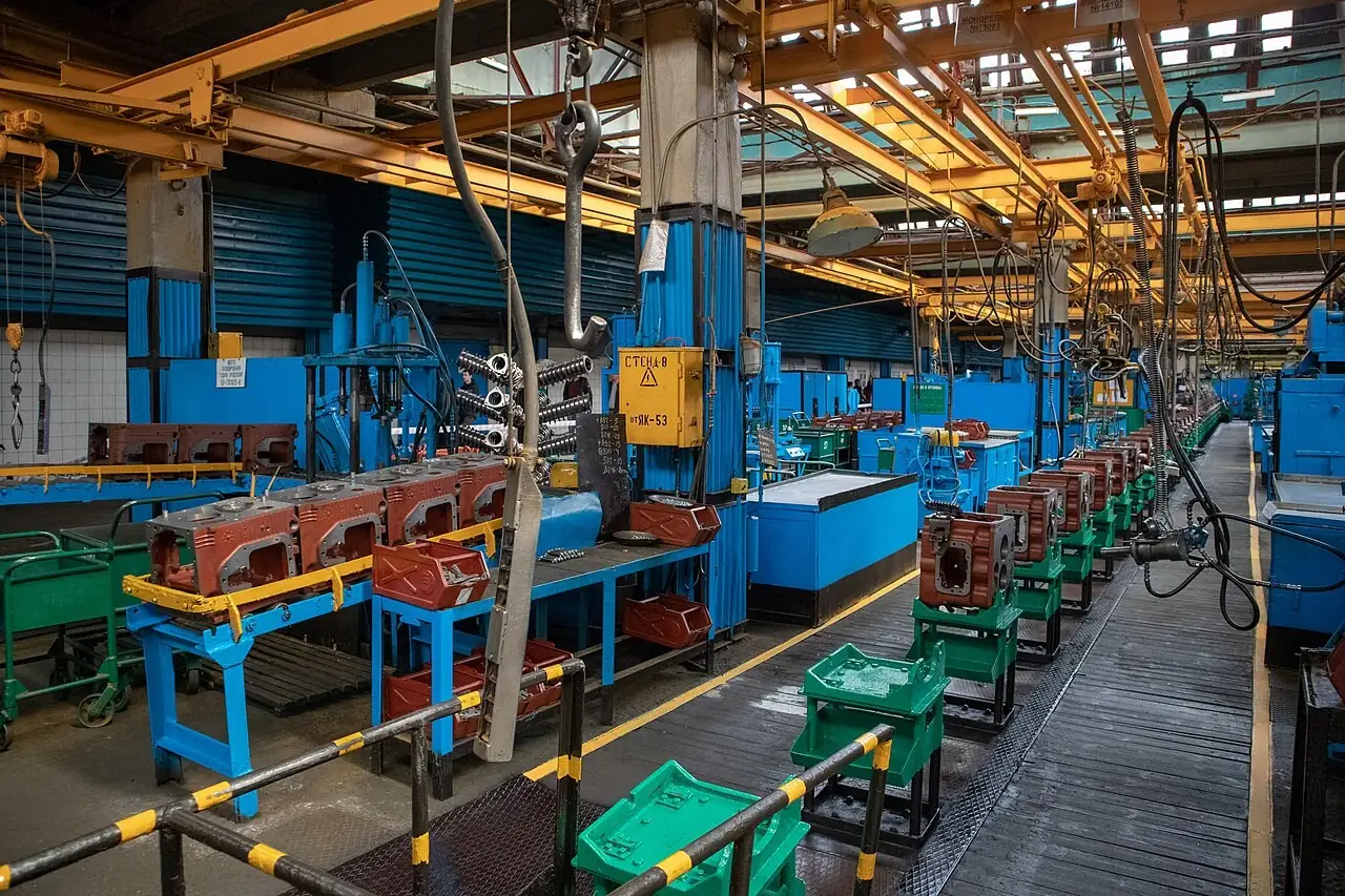 Machining stations along a factory production line