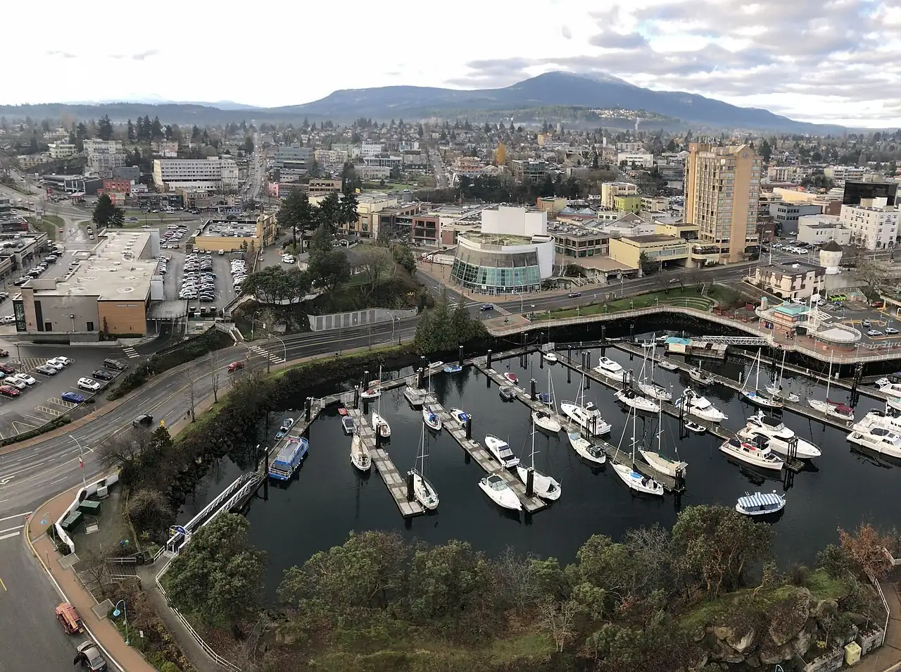 Downtown Nanaimo and its boat basin from above