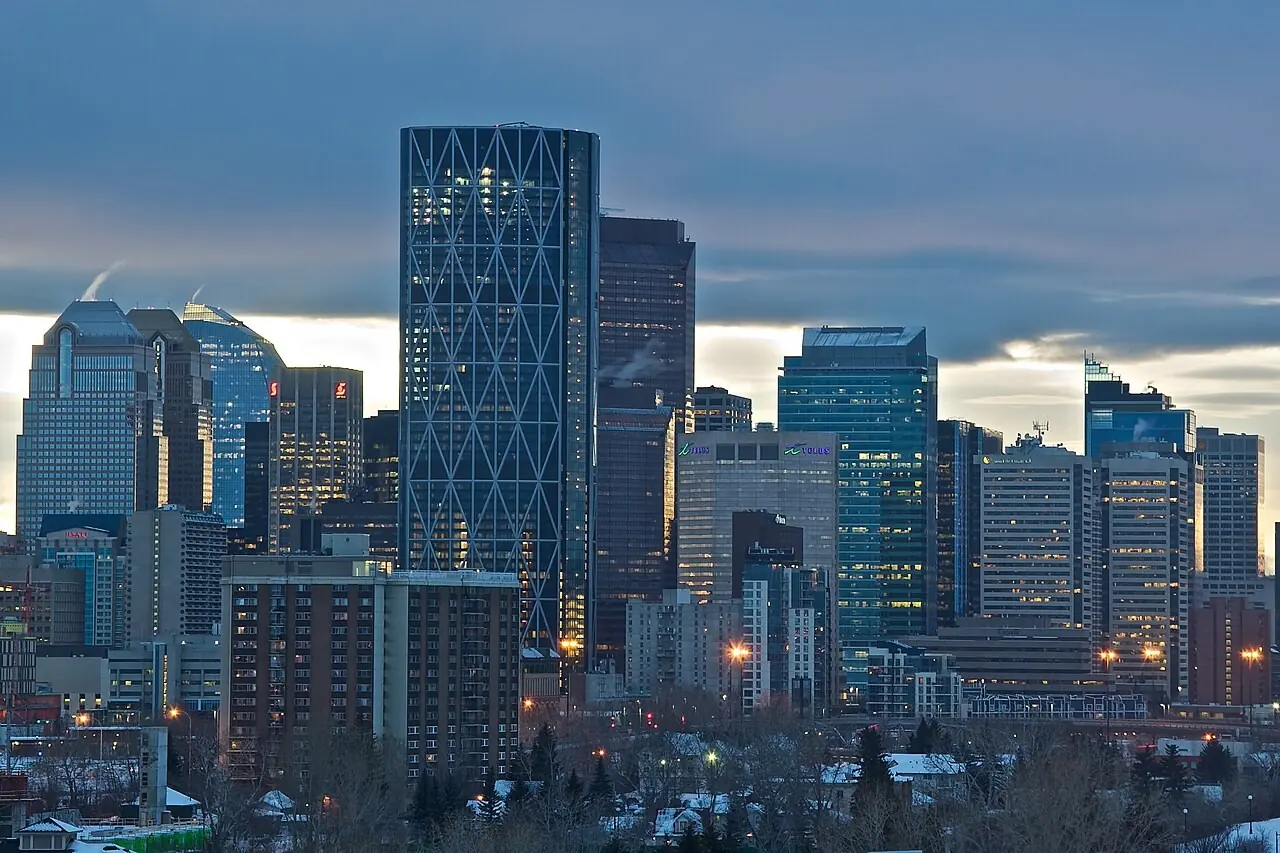 Downtown Calgary office towers at dusk