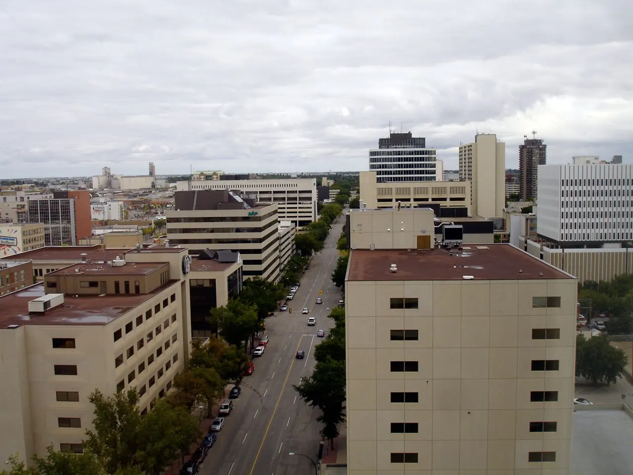 Fourth Avenue and downtown Saskatoon buildings from above