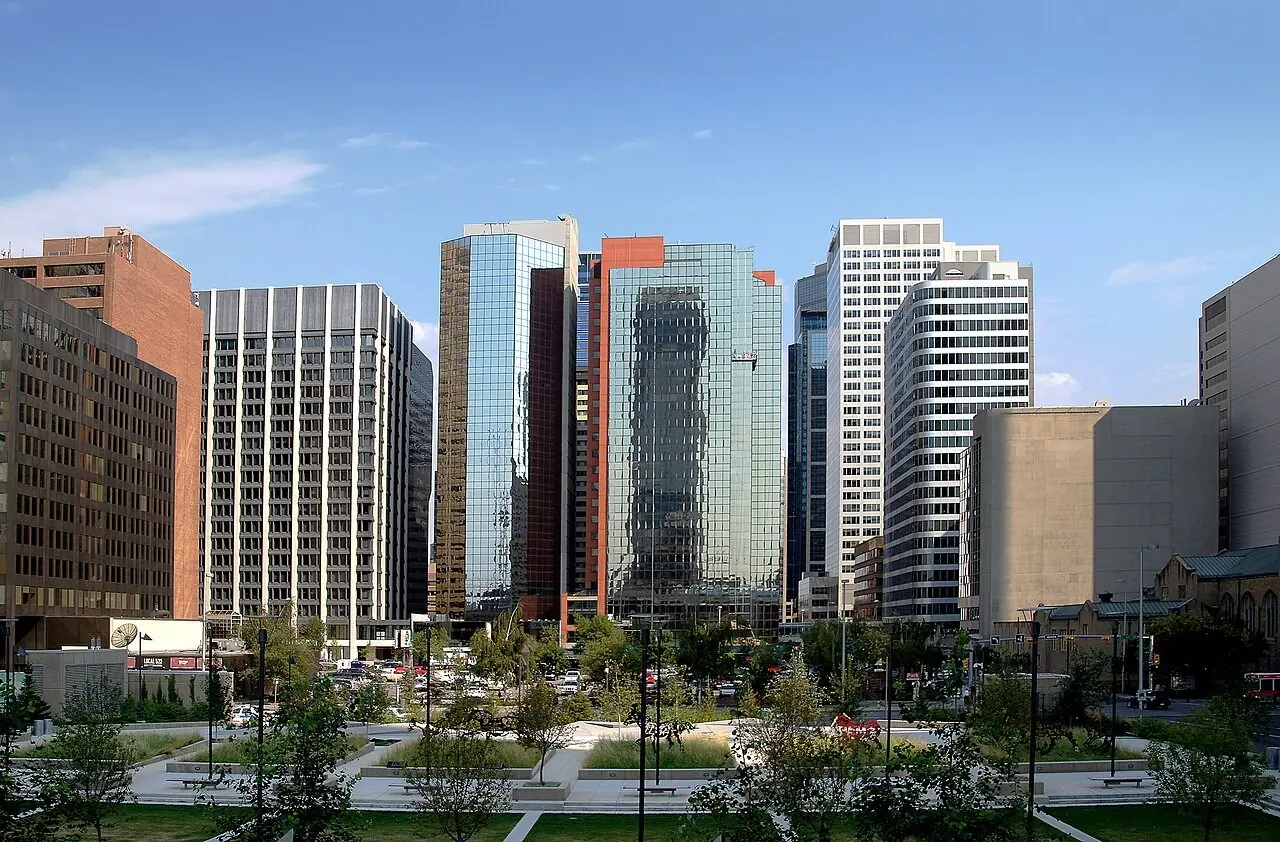 Park among office towers in downtown Calgary