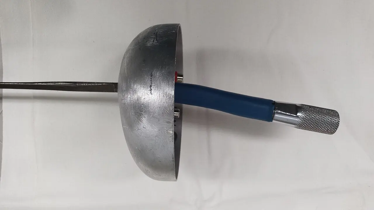 Close-up of an épée bell guard and grip