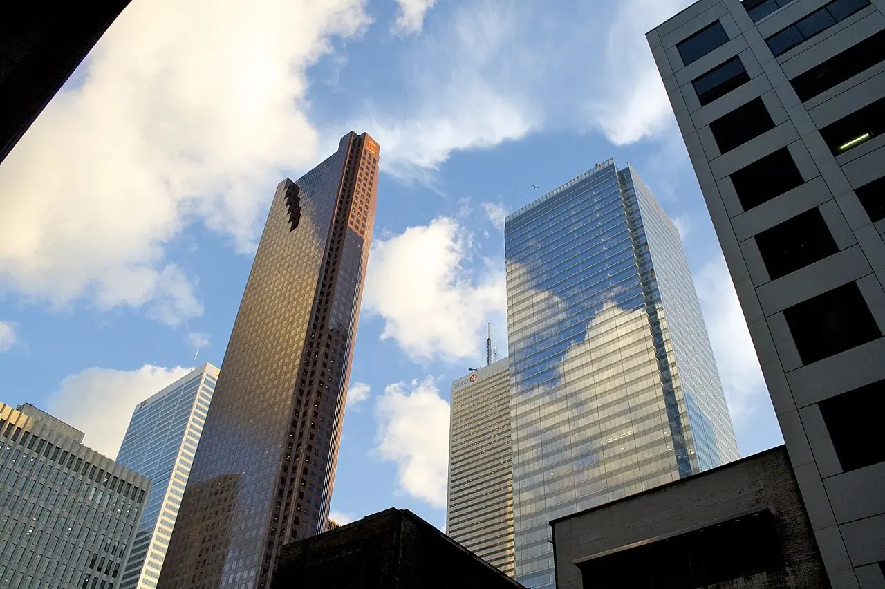 Gold and glass bank towers in Toronto's financial district