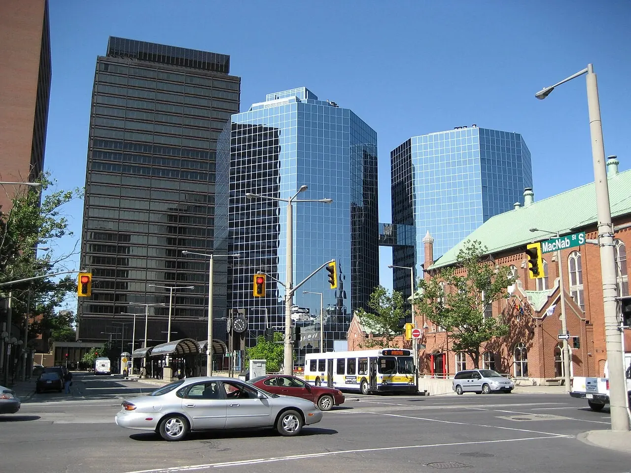 Office towers at a downtown Hamilton intersection