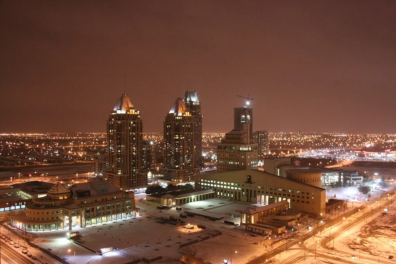 Mississauga City Hall and city centre towers at night