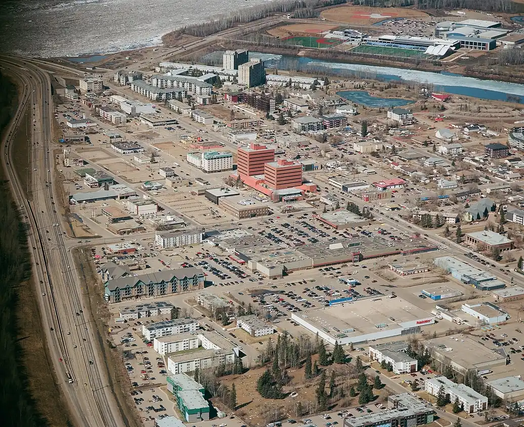 Aerial view of downtown Fort McMurray and Highway 63