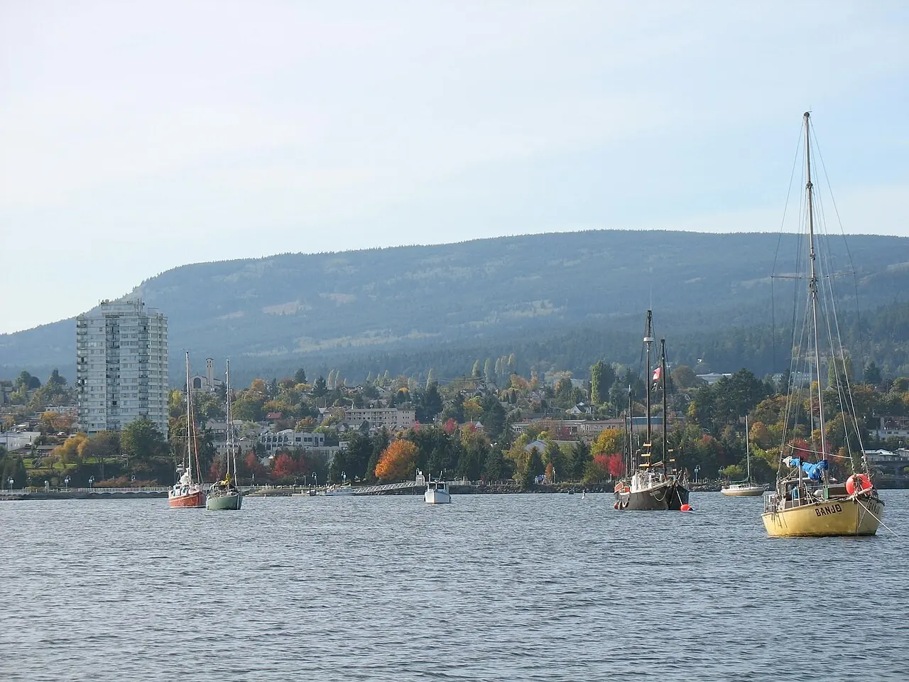 Sailboats in Nanaimo harbour with the city and Mount Benson behind