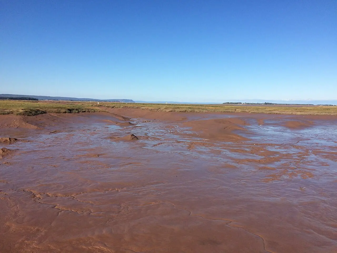 Red mudflats of the Minas Basin at low tide near Wolfville