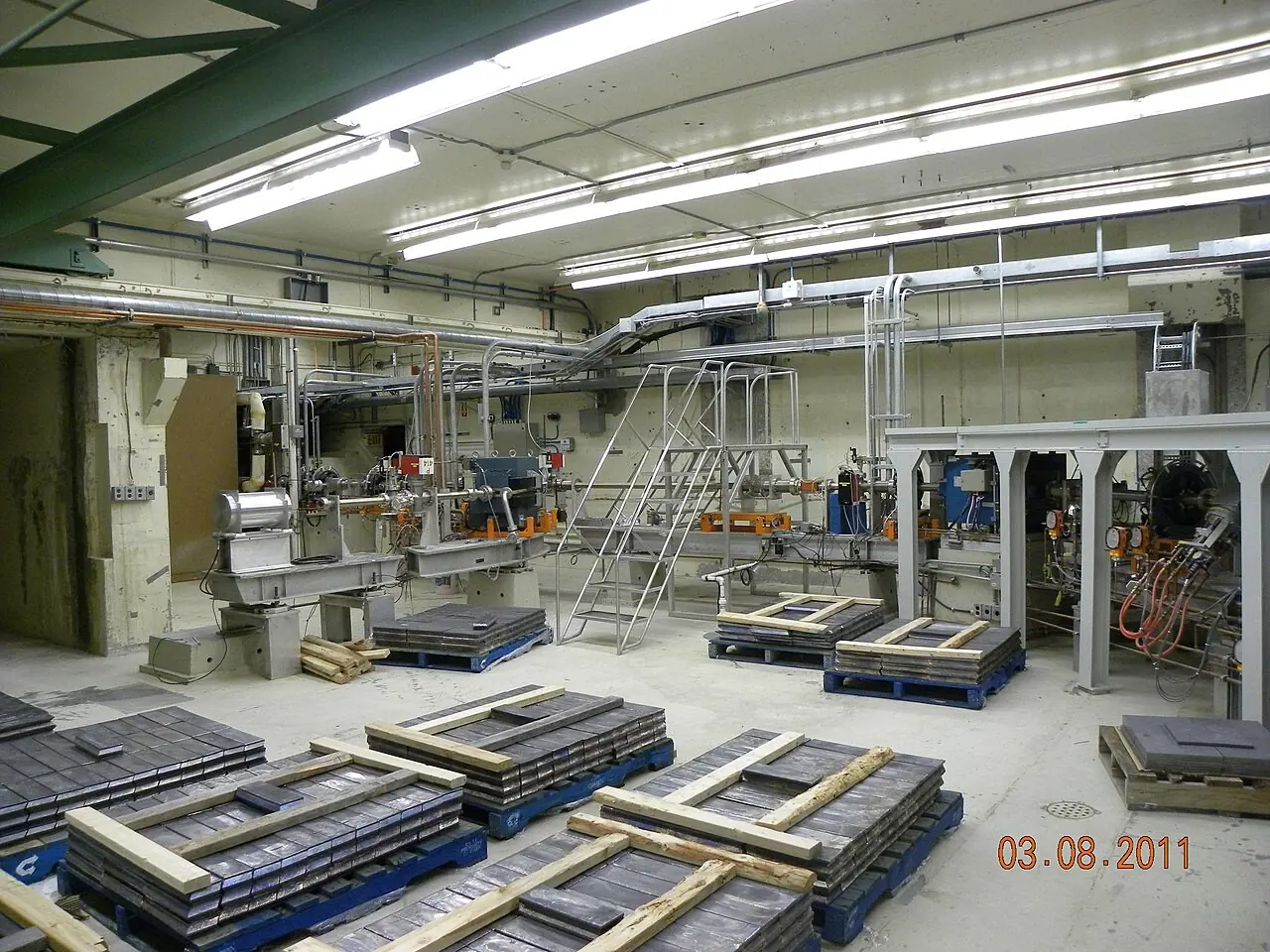 Stacks of lead shielding bricks in a radiation facility