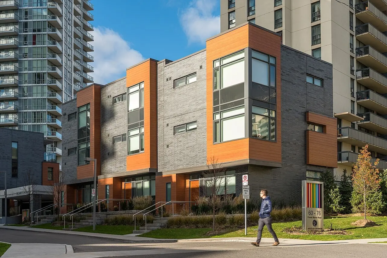Modern social housing building with colourful cladding