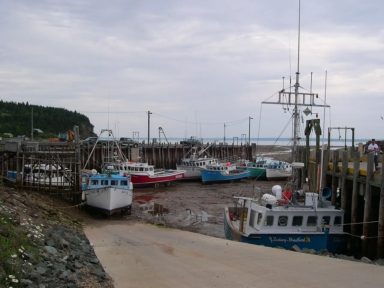 Fishing boats resting on the harbour floor at low tide on the Bay of Fundy