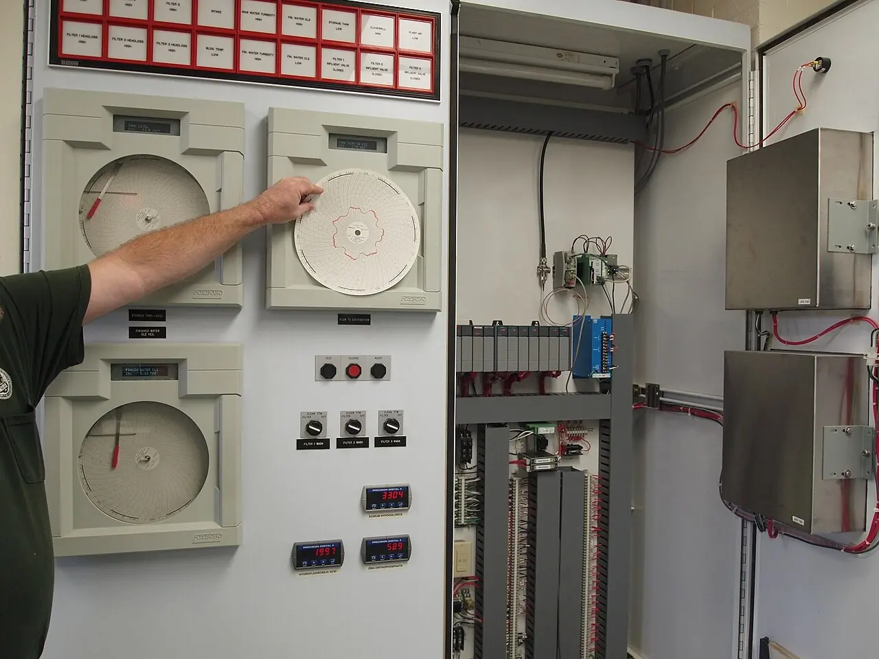 Chart recorders on a water plant control panel