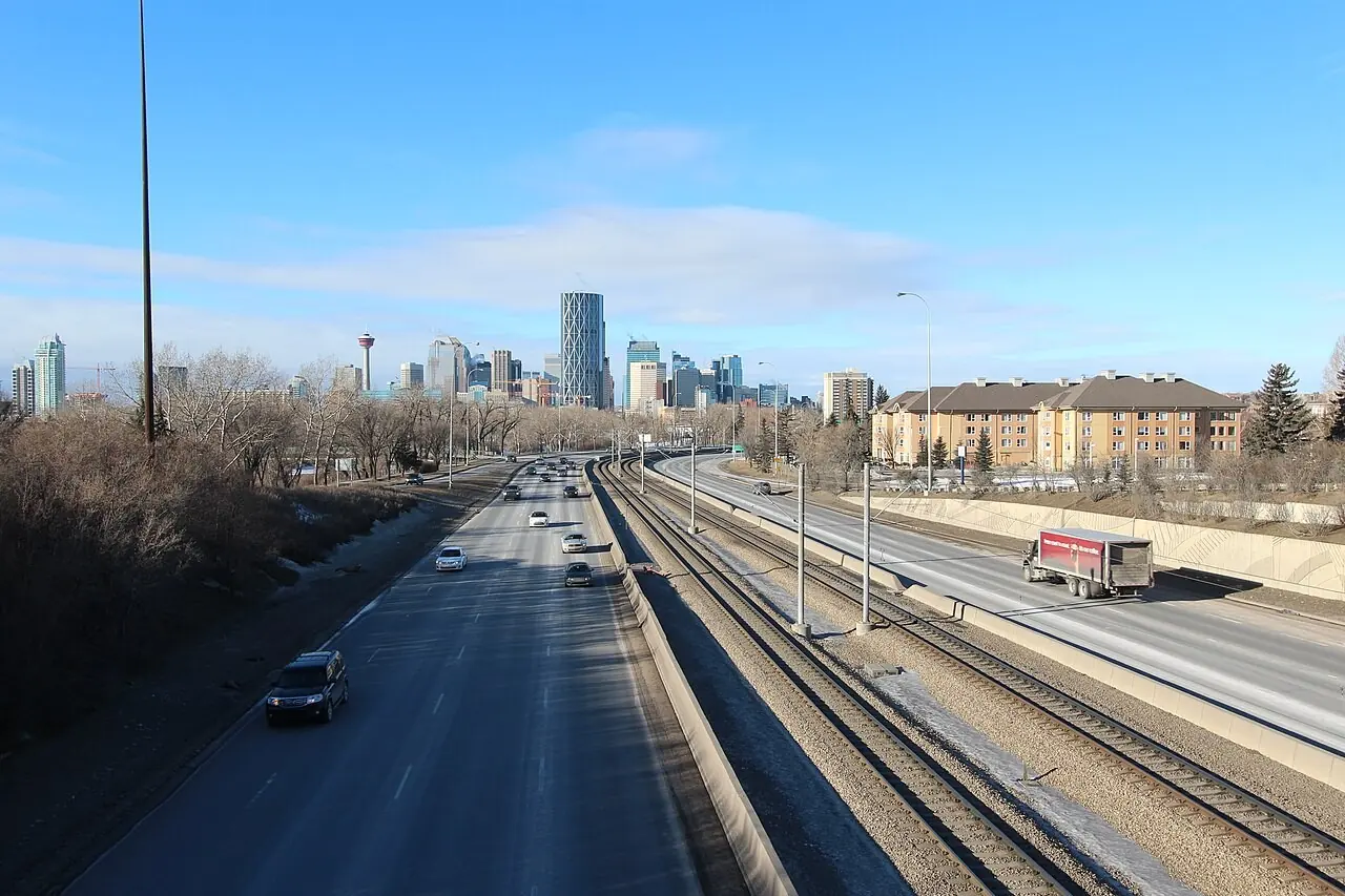 Memorial Drive and CTrain tracks leading to downtown Calgary