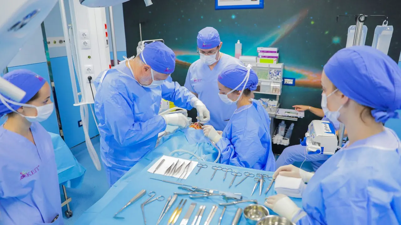 Surgical team performing a procedure in an operating room