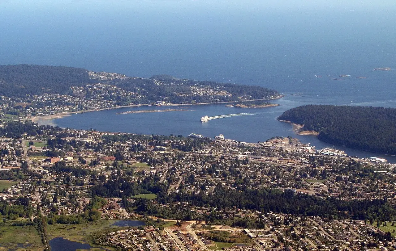 Aerial view of Departure Bay in Nanaimo with a ferry