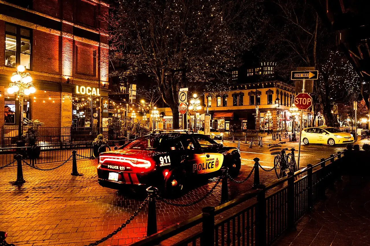 Vancouver Police Department cruiser in Gastown at night