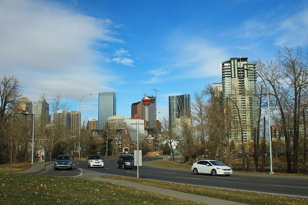 Tree-lined road leading toward downtown Calgary