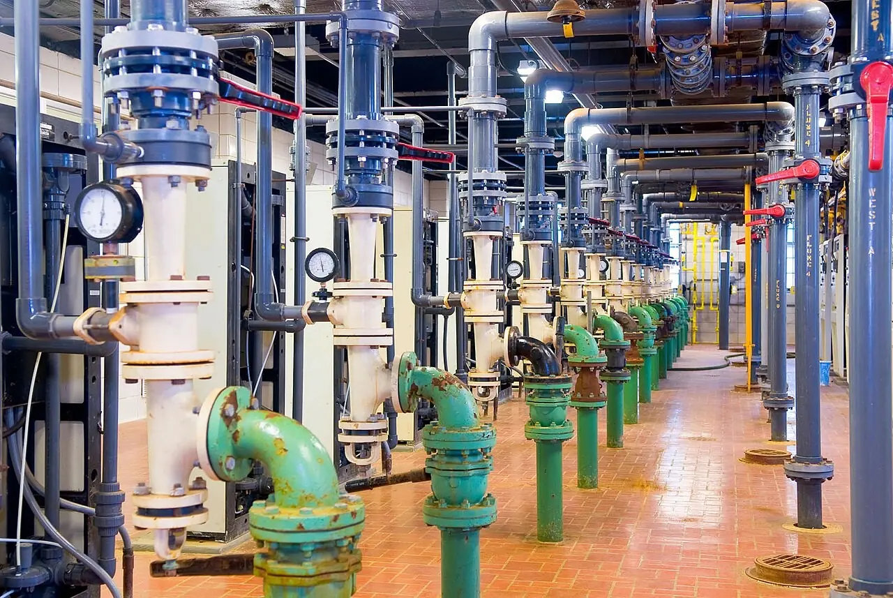 Pipes and valves inside a drinking water treatment plant
