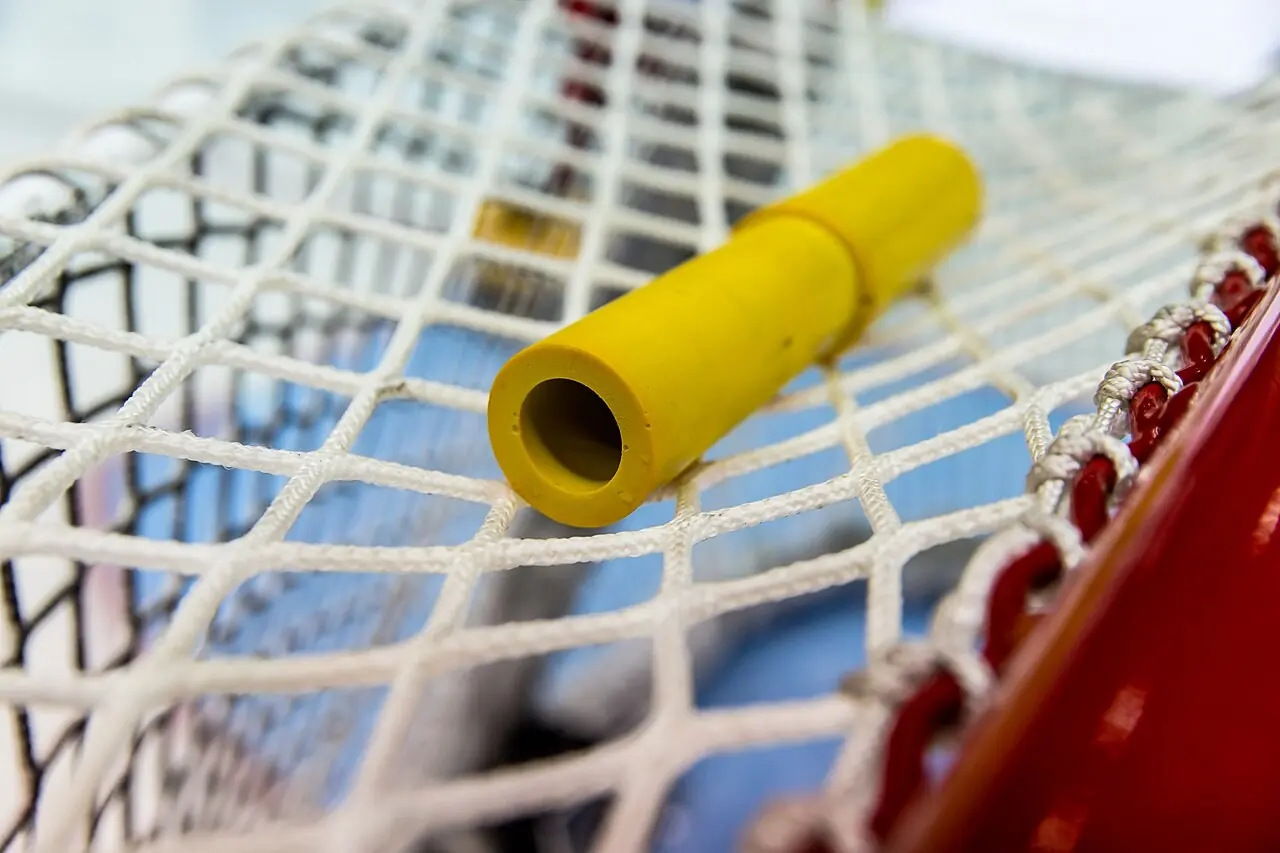Peg holding a hockey net in place on the ice