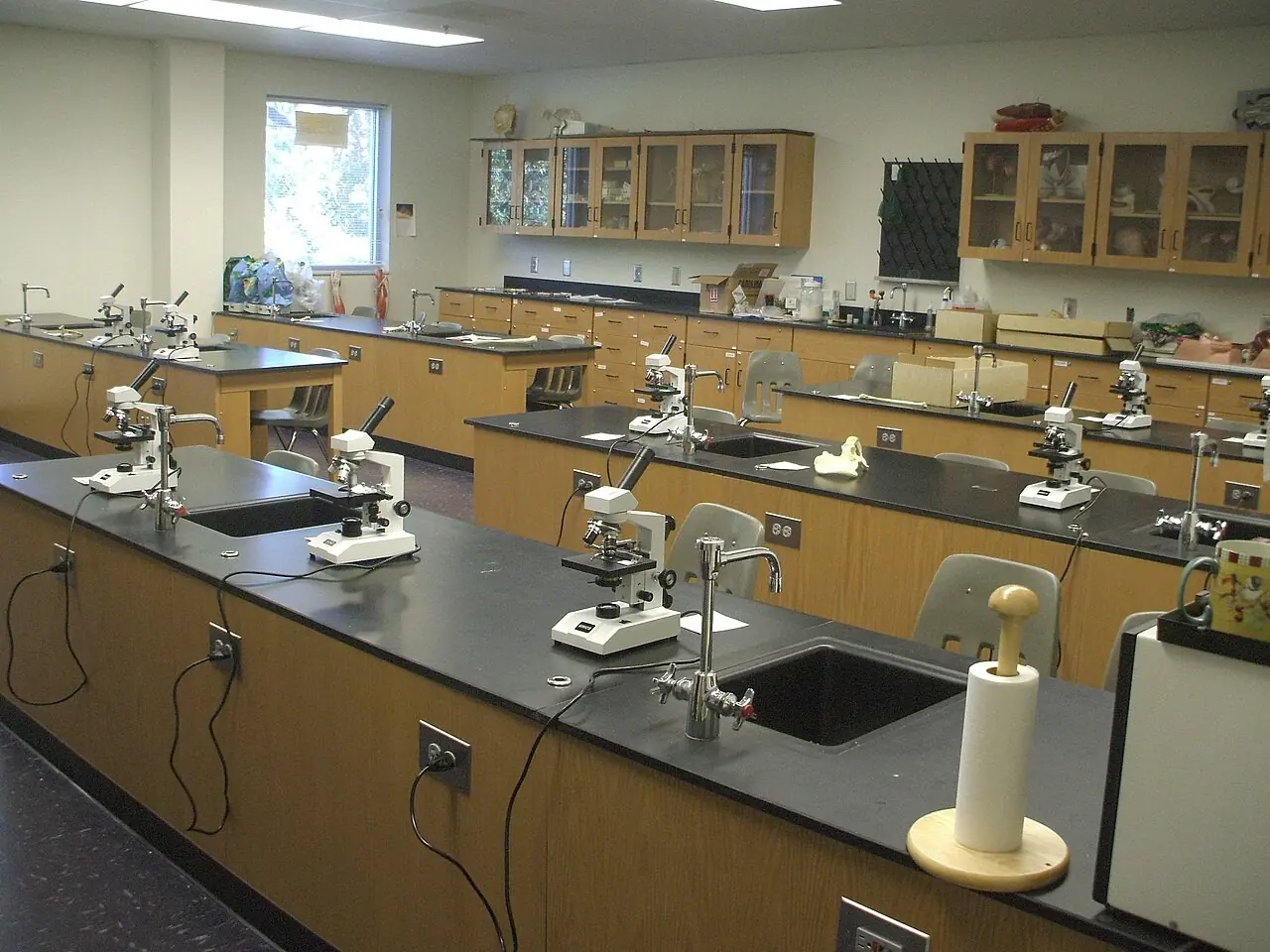 Teaching laboratory with microscopes set out on benches