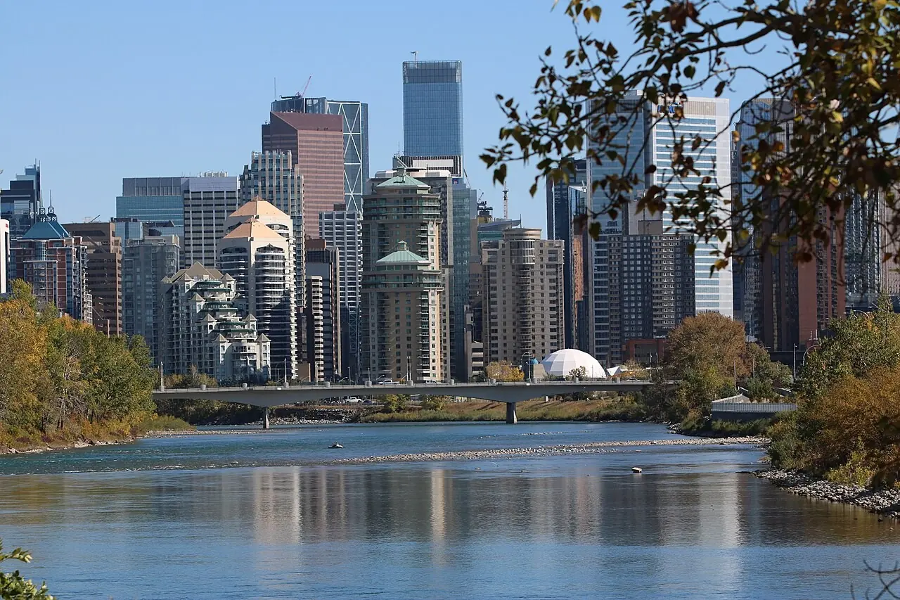 Bow River and downtown Calgary towers on a clear day
