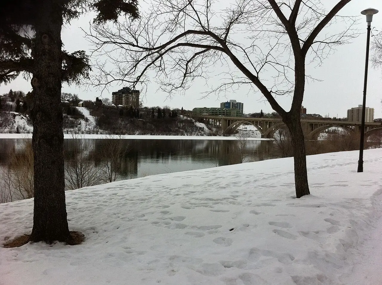 Snowy riverbank park in Saskatoon with a bridge in the distance