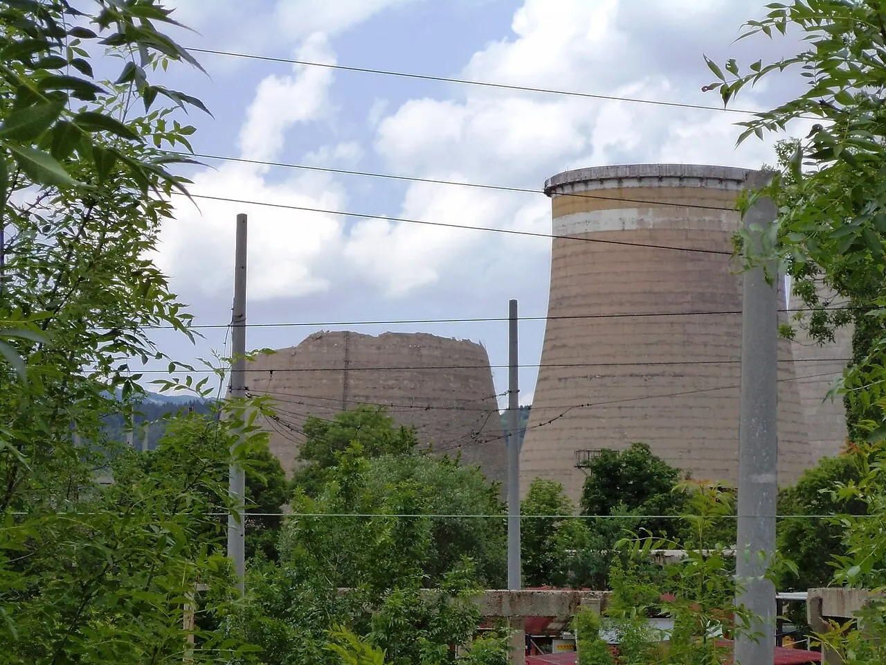 Industrial cooling towers behind trees