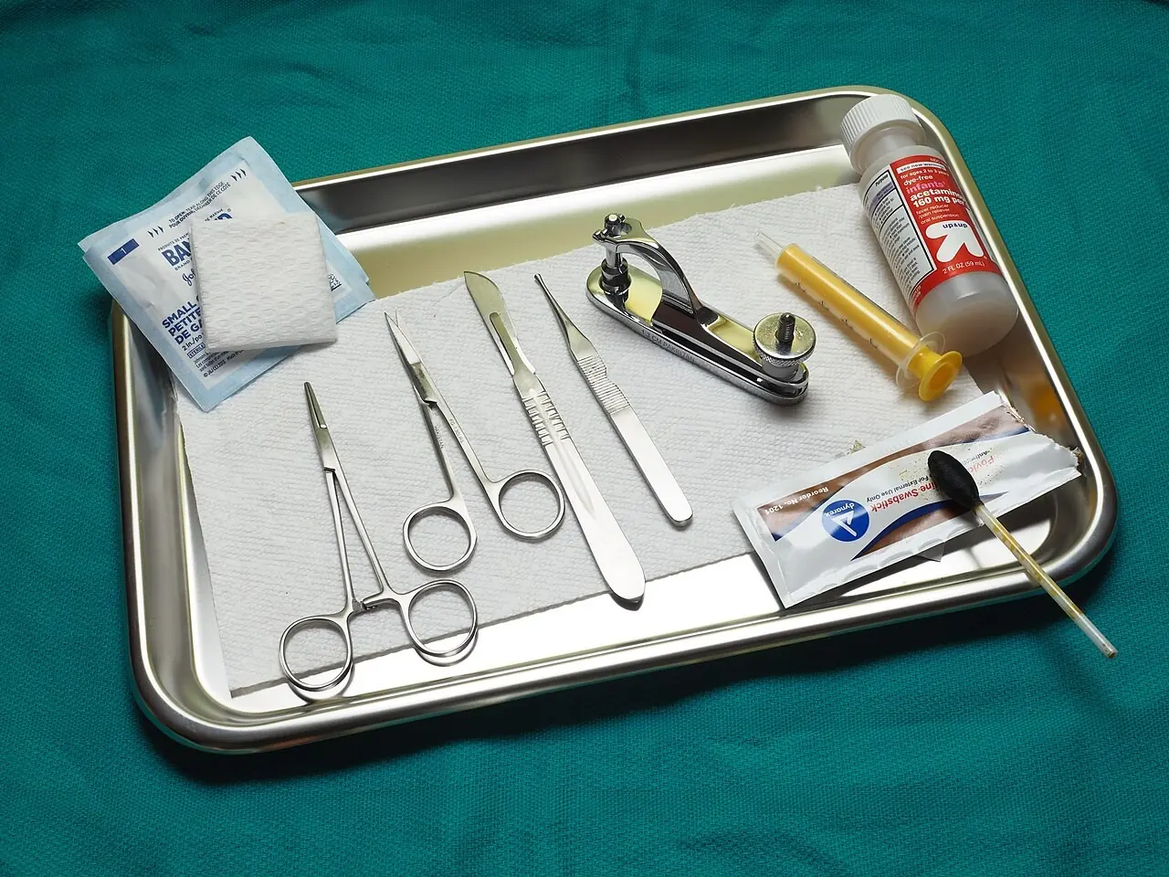 Scalpels, scissors, forceps and gauze laid out on a surgical tray