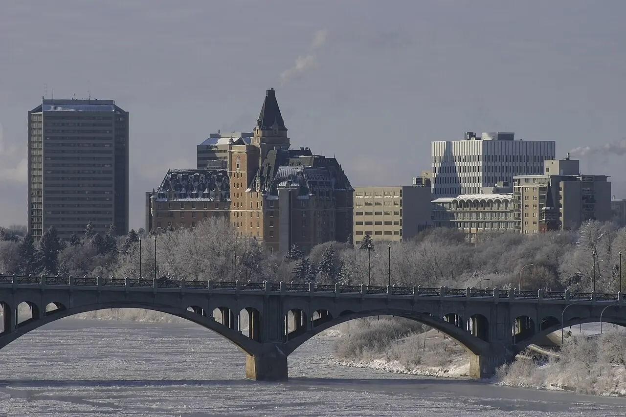 Broadway Bridge and downtown Saskatoon on a frosty day